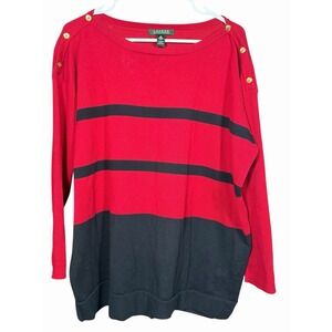 Lauren Ralph Lauren 2X Red Black‎ Stripe Nautical Preppy Button Shoulder Knit